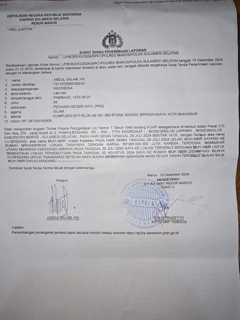 Kasus Penipuan Pembelian Tanah di Moncong Loe Mandek, Warga BTP Kecewa Penanganan di Polres Maros