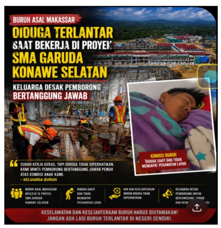 Buruh Asal Makassar Diduga Terlantar Saat Bekerja di Proyek SMA Garuda Konawe Selatan, Keluarga Desak Pemborong Bertanggung Jawab
