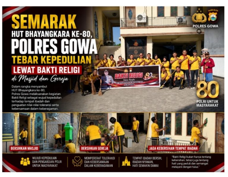 Semarak HUT Bhayangkara ke-80, Polres Gowa Tebar Kepedulian Lewat Bakti Religi di Masjid dan Gereja