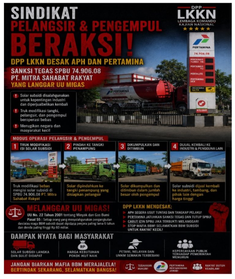 Sindikat Pelangsir & Pengempul Beraksi, DPP LKKN Desak APH dan Pertamina Sanksi Tegas SPBU 74.906.08 PT. MITRA SAHABAT RAKYAT yang Langgar UU Migas