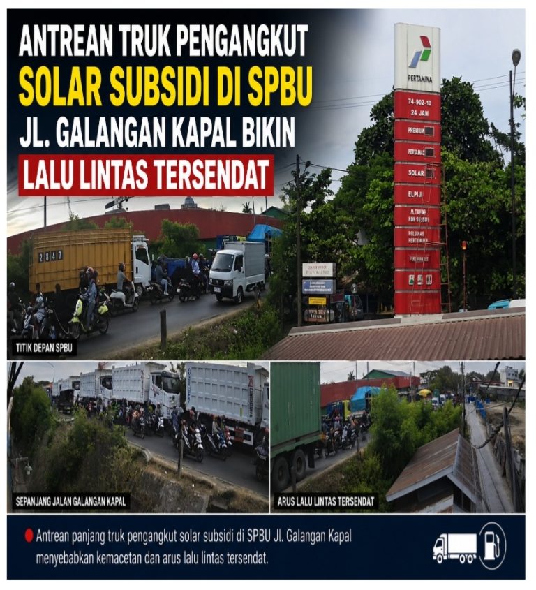 Antrean Truk Pengangkut Solar Subsidi di SPBU 74.902.10 Jl. Galangan Kapal Bikin Lalu Lintas Tersendat