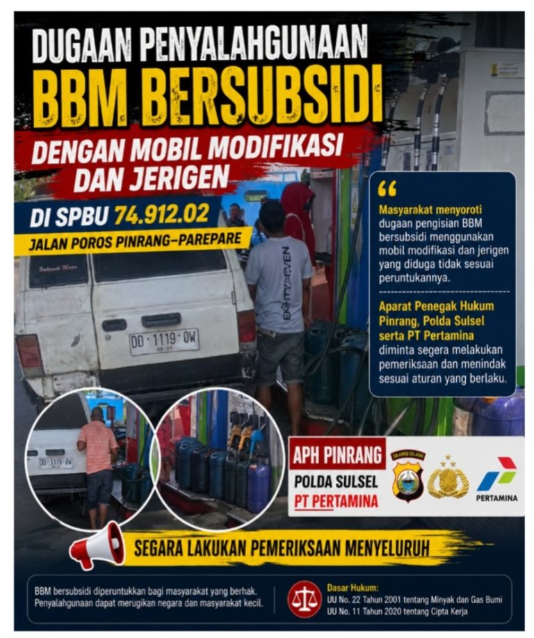 Dugaan Penyalahgunaan BBM Bersubsidi dengan Mobil Modifikasi dan Jerigen di SPBU 74.912.02 Jalan Poros Pinrang–Parepare Menjadi Sorotan, Aparat Penegak Hukum dan PT Pertamina Diminta Melakukan Pemeriksaan