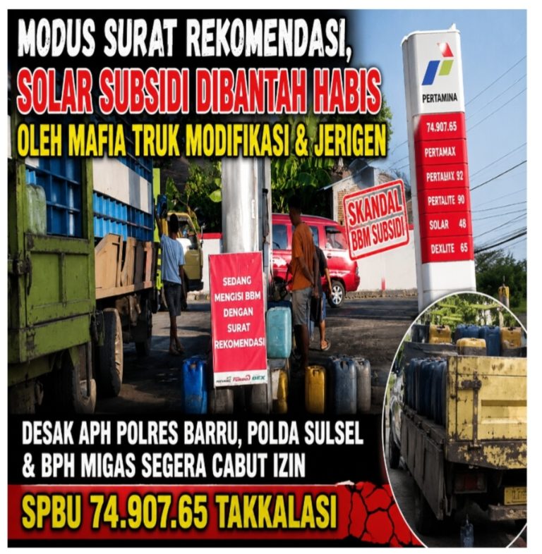 Modus Surat Rekomendasi, Solar Subsidi Dibantah Habis Oleh Mafia Truk Modifikasi & Jerigen, Desak APH Polres Barru, Polda Sulsel & BPH Migas Segera Cabut Izin SPBU 74.907.65 Takkalasi