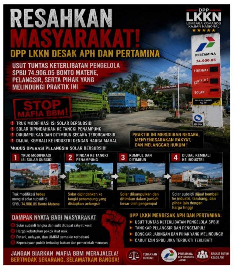 Resahkan Masyarakat, DPP LKKN Desak APH dan Pertamina Usut Tuntas Keterlibat Pengelola SPBU 74.906.05 Bonto Matene, Pelangsir, Serta Pihak Yang Melindungi Praktik ini