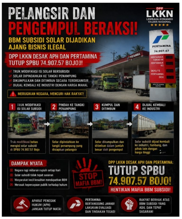 Pelangsir dan Pengempul Beraksi, DPP LKKN Desak APH dan Pertamina Tutup SPBU 74.907.57 Bojo