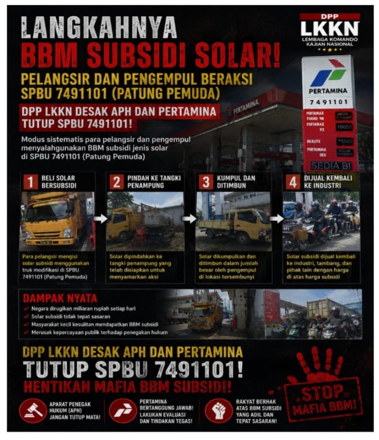 Langkahnya BBM Subsidi Solar, Pelangsir dan Pengempul Beraksi, DPP LKKN Desak APH dan Pertamina Tutup SPBU 7491101 (Patung Pemuda)
