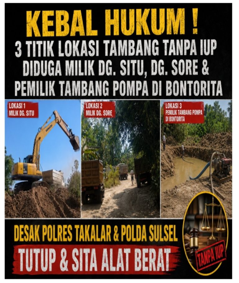 KEBAL HUKUM ! 3 Titik Lokasi Tambang Tanpa IUP Diduga Milik Dg. Situ, Dg. Sore & Pemilik Tambang Pompa di Bontorita, Desak Polres Takalar & Polda Sulsel Tutup & Sita Alat Berat