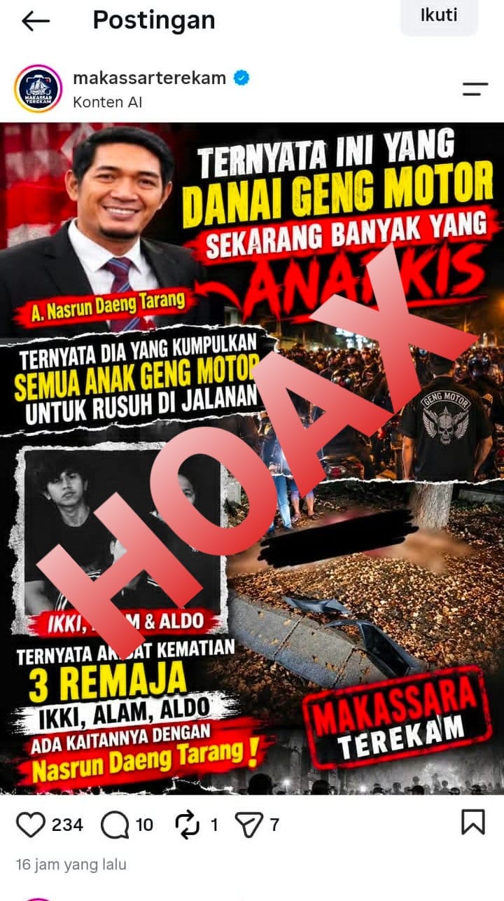 Akun IG "Makassar Terekam" Resmi Dilaporkan Membuat Peta Komflik Dengan Memposting Tuduhan A Nasrun Dg Tarang Danai Geng Motor