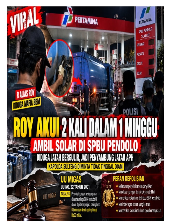 SOROT TAJAM! Roy Disebut Mengambil Solar Dua Kali Sepekan di SPBU Pendolo, Kapolda Sulteng Didesak Turun Tangan